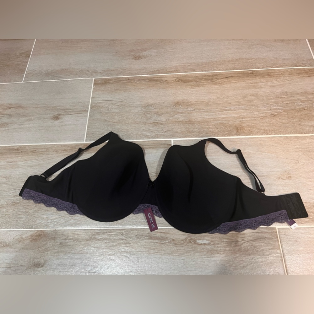 Adore Me t-shirt bra black full support NWT 38I purple lace trim